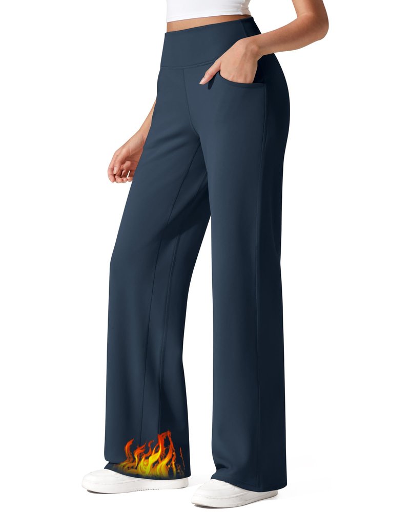 G4Free Wide Leg Fleece Lined Pants Woman High Waisted Work Pants Winter Thermal Warm Pants with Pockets for Yoga Dressy (Navy Blue,M,29")