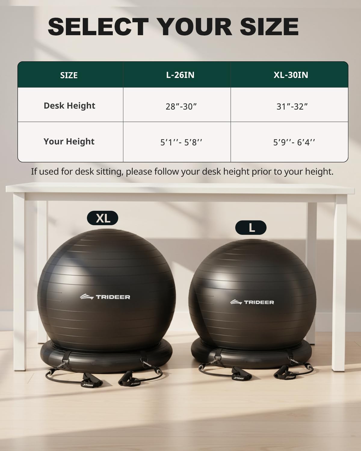Trideer Exercise Ball Chair - Stability Ball Seat for Core Workout & Back Support | Includes Base & Resistance Bands