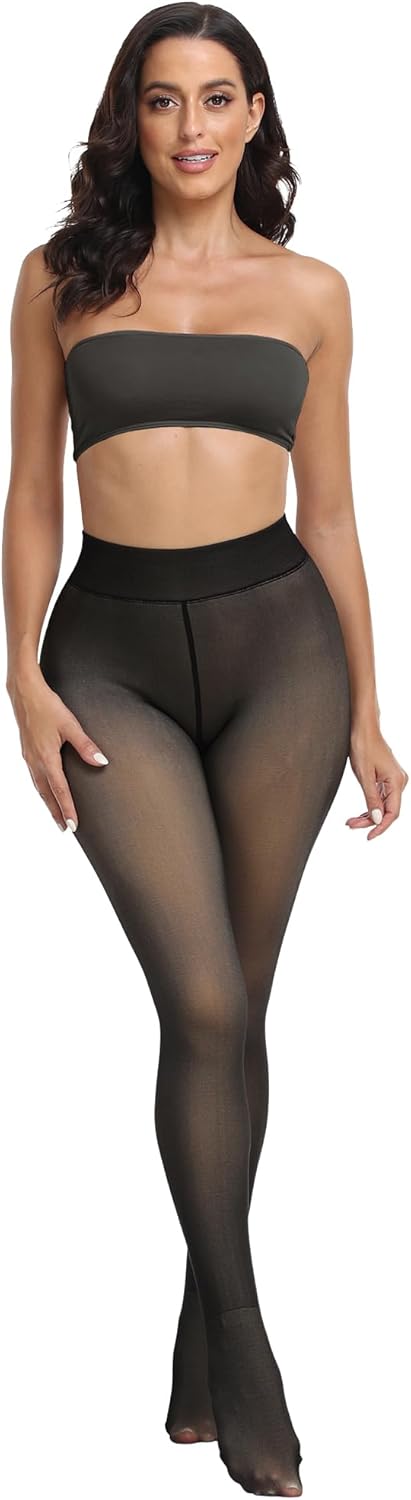 Women's Fleece Lined Tights - Warm Fake Sheer Pantyhose for Winter | Thick Leggings