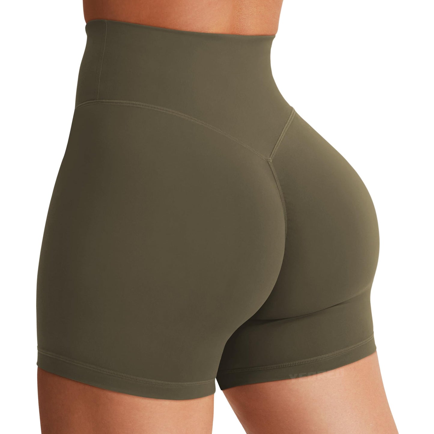 YEOREO Women's Biker Shorts 4.5" / 6" Workout Gym Shorts Craze High Waist Tummy Control Hidden Scrunch Running Yoga Olive Green M
