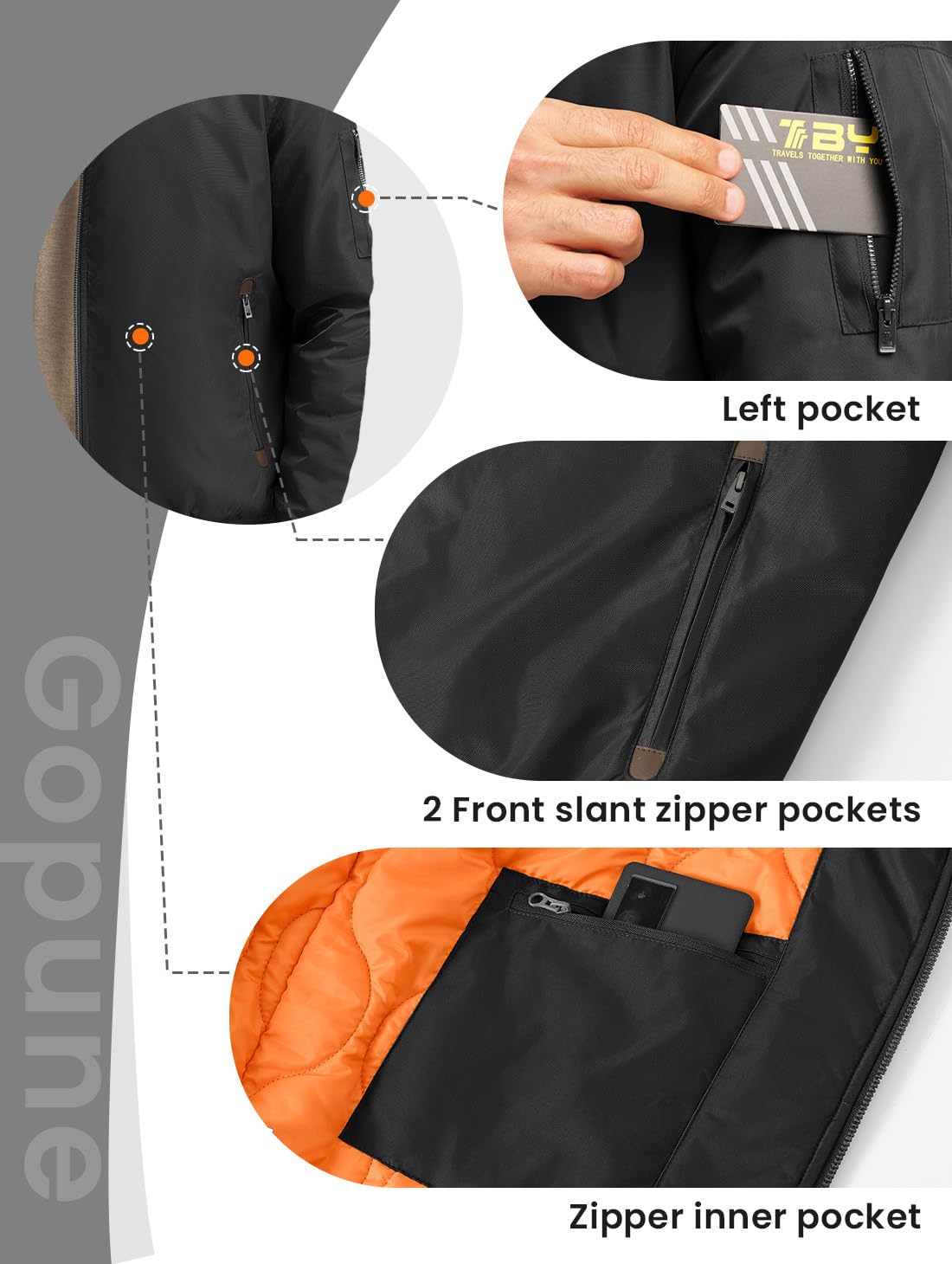 Gopune Men's Bomber Jacket Casual Fall Winter Warm Jacket Full Zip Padded Coats Outwear Black,L