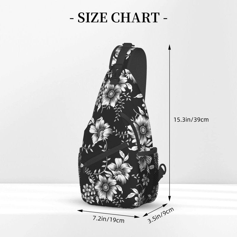 Black White Flowers Sling Bag Crossbody Backpack Abstract Monochrome Flower with Tropical Leaves Botanical Illustration Travel Hiking Daypack Floral Print Chest Bag Shoulder Bag for Women Men