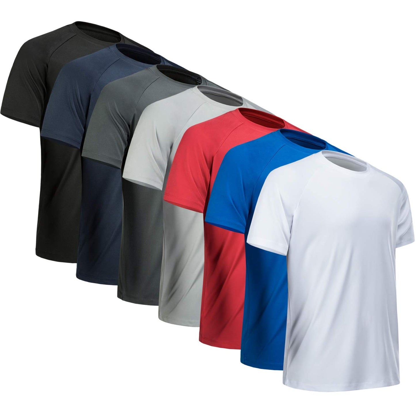 MCPORO Workout Shirts for Men Short Sleeve Quick Dry Athletic Gym Active T Shirt Moisture Wicking 7 Pack Black, Dark Grey, Light Grey, White, Navy, Blue, Red 3X-Large