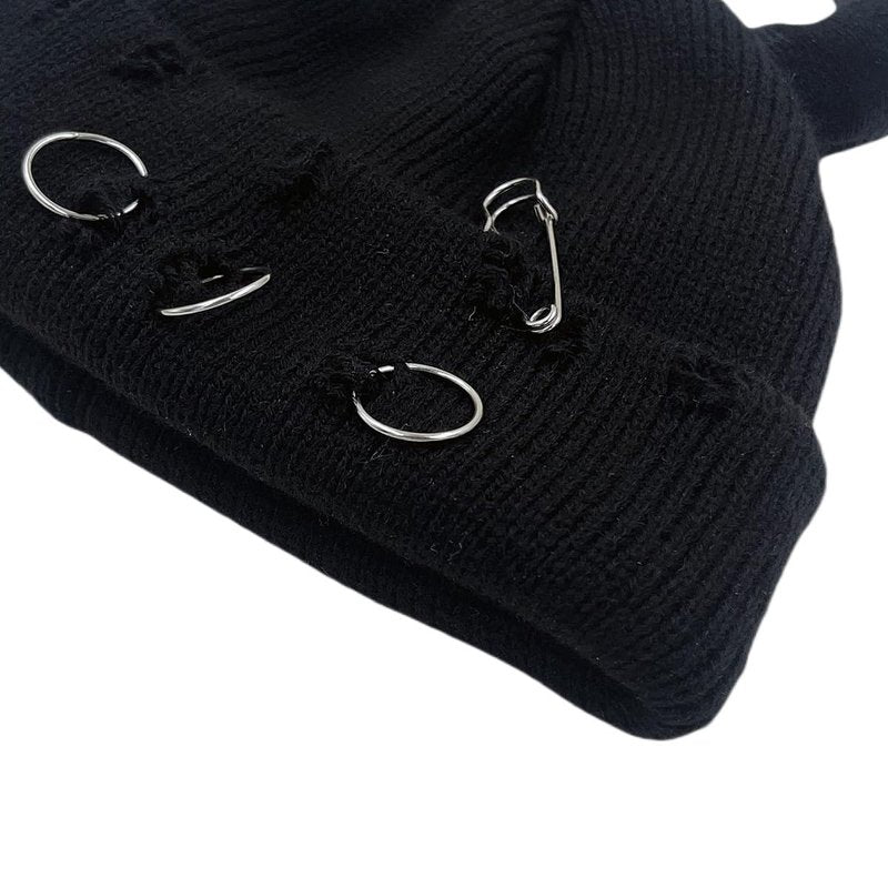 Gothic Devil Horn Knitted Beanies for Women Men Y2K Funny Crochet Skull Hat Warm Winter Cap Halloween Accessories (Black,One Size)