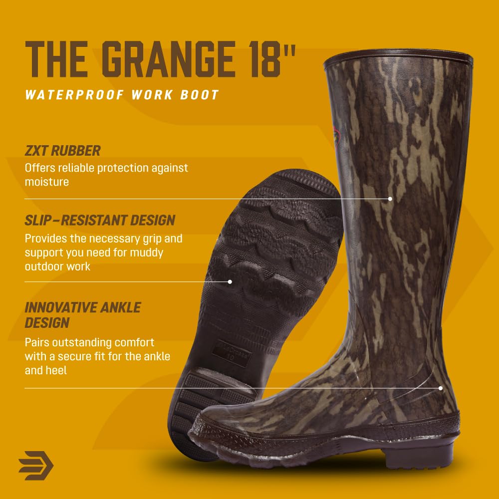 LaCrosse Grange Rubber Hunting & Work Boots for Men - Waterproof ZXT Rubber, with Adjustable Fit Strap, EVA Footbed, and Slip-Resistant Outsole, Mossy Oak Original Bottomland - 7