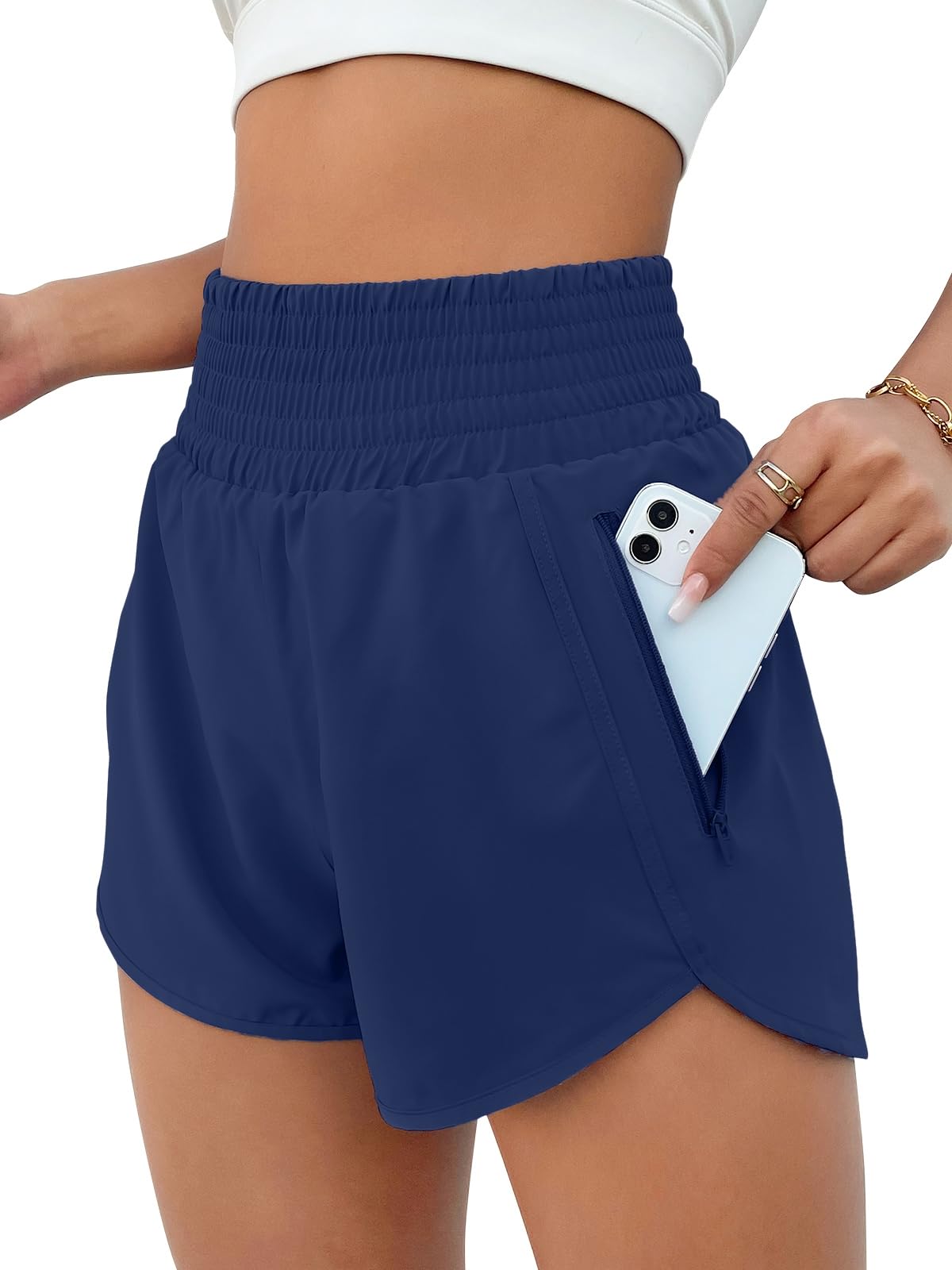 BMJL Women's Athletic Shorts High Waisted Running Short Pocket 2.5" Sporty Shorts Gym Elastic Workout Shorts(L,Deep Blue)