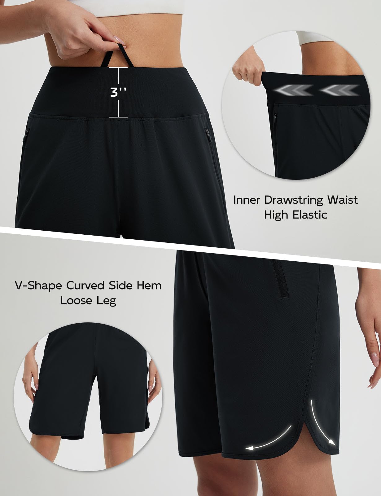 baleaf Women's Bermuda Long Shorts 9" Above Knee Length High Waisted Athletic Running Shorts with Zipper Pockets Quick Dry Loose Casual Summer UPF 50+ Black XL