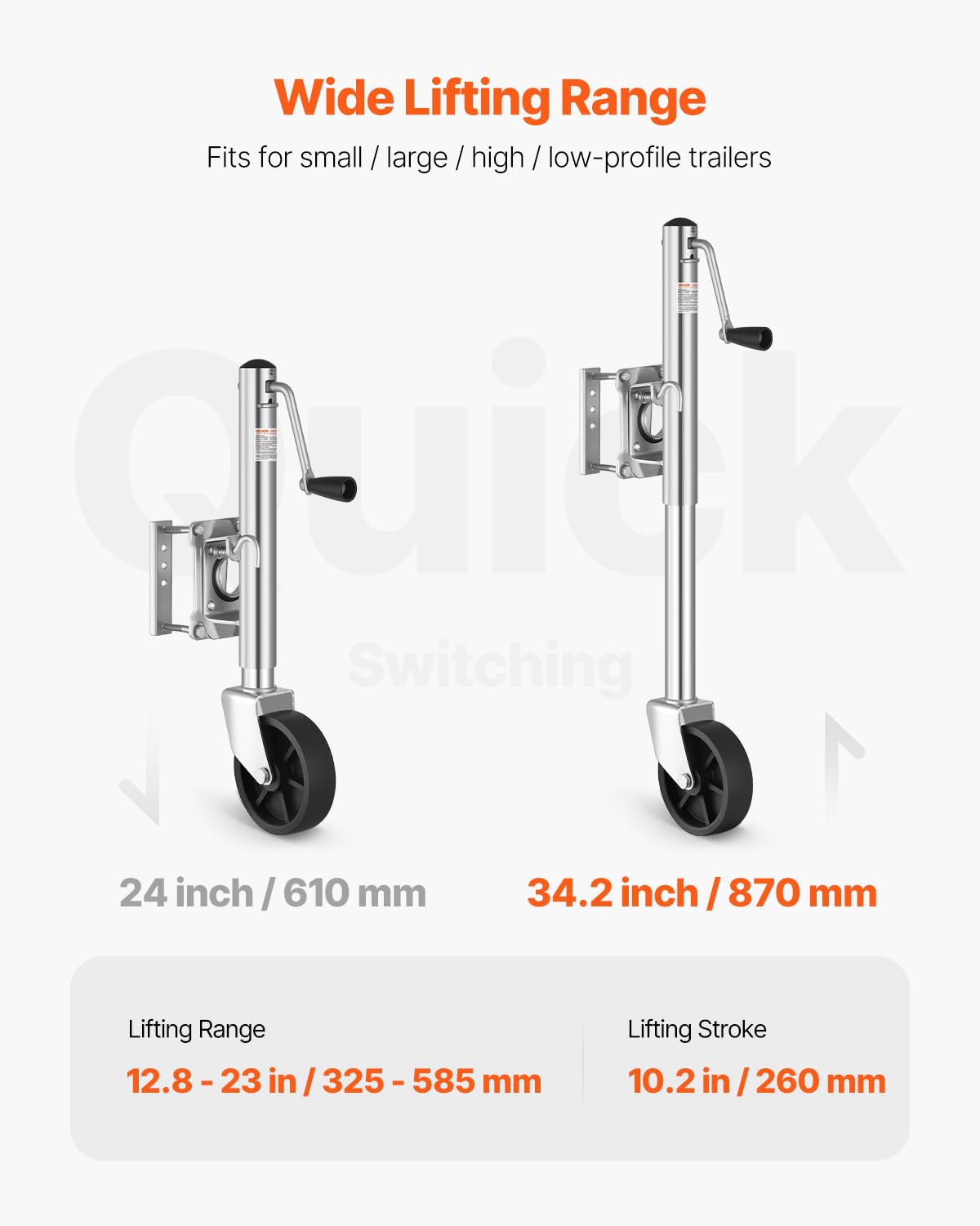 VEVOR Trailer Jack with Wheel, 1000 lbs Load Capacity, Heavy Duty Swivel Boat Trailer Jack with PP Single Wheel & Ergonomic Handle, 10-inch Lift, Fit for RVs, Boats, Horse Trailers, Utility Trailers