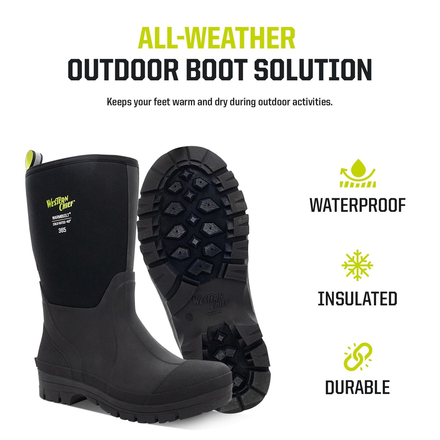 Western Chief Men's 365 Neoprene Rain Boots for Men - 100% Waterproof Rubber Boots for Men with Anti-Slip Outsole - Cold-Rated Muck Boots for Women for All-Weather Protection, Tall, Black, 10