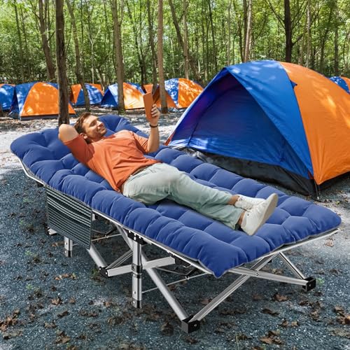 ABORON Folding Camping Cot W/Mat for Adults, Heavy Duty Outdoor Bed with Carry Bag,1200 D Layer Oxford Travel Camp Cots