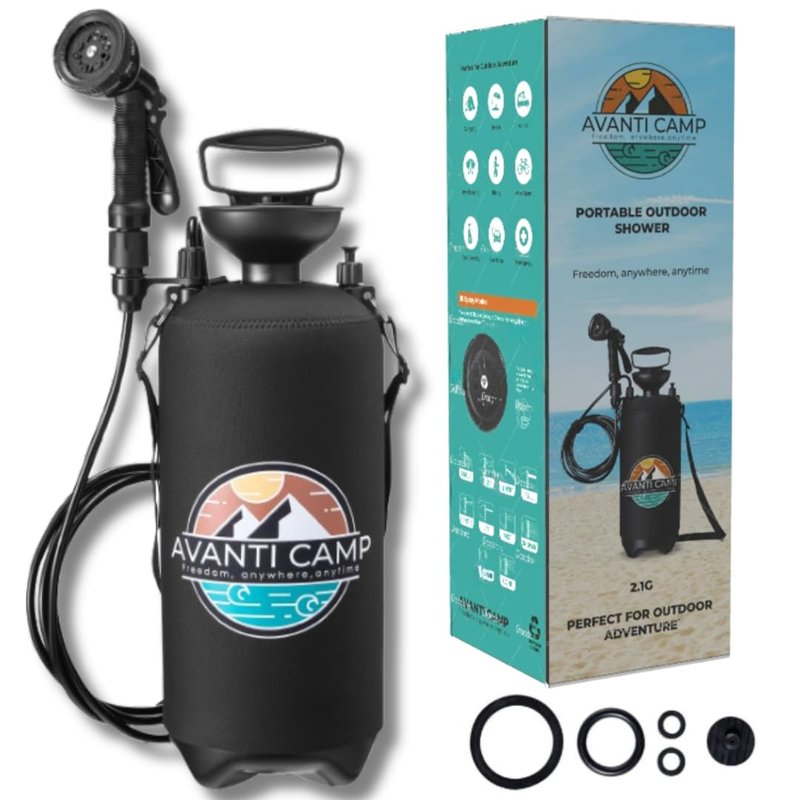 AVANTI CAMP 2.1 Gallon Pressurized Portable Camping Shower | 10 Spray Modes | Neoprene Insulated Cover & Padded Shoulder Strap | Beach Shower for Surf, Travel, Van Life & Sand | Pet Rinse Kit | Black