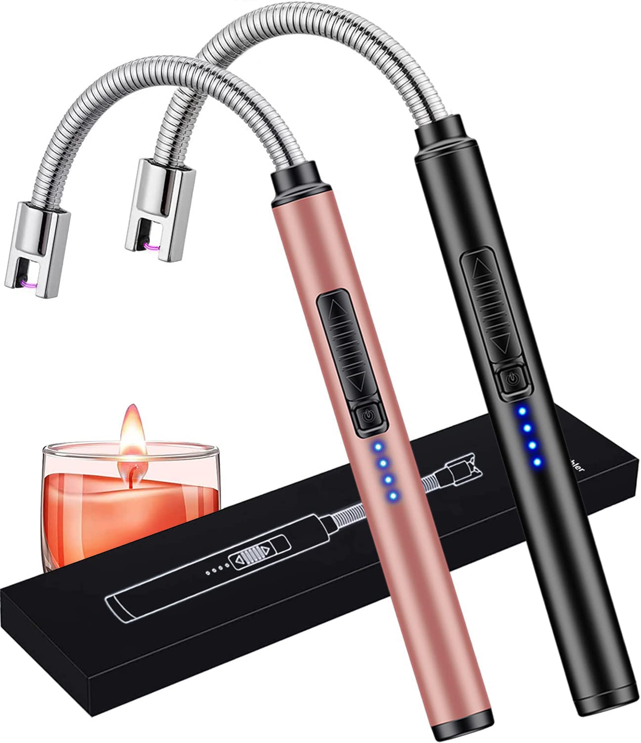 Candle Lighters 2 Pack, Rechargeable USB Long Lighter Arc Lighter Camping Lighter Grill Lighter for Candles Party Cooking BBQ Fireworks （Black & Rose Gold）