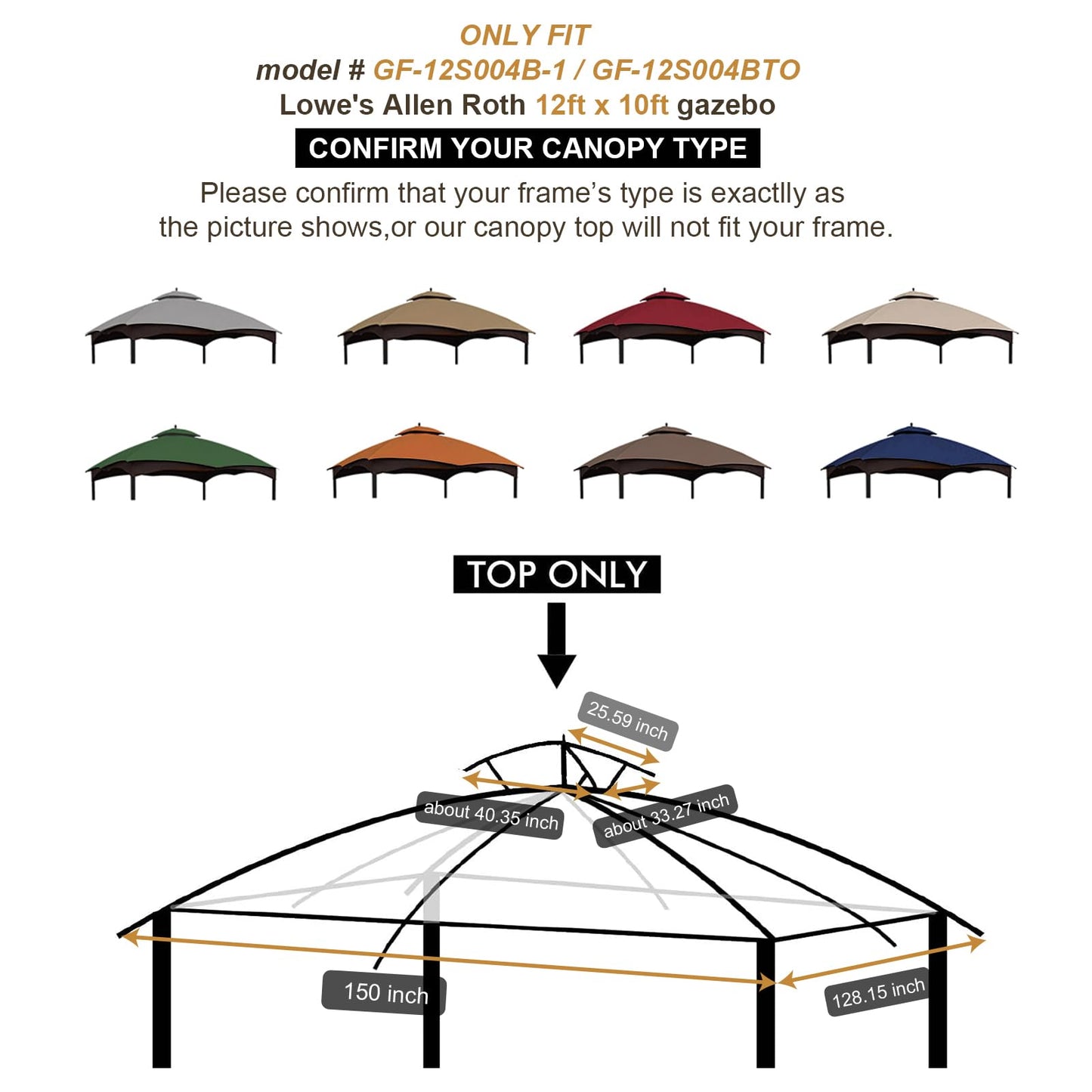 Eurmax USA High Performance Replacement Canopy Top for Lowe's Allen Roth Heavy Duty Gazebo Roof Gazebo Top with Air Vent 10X12 Cover #GF-12S004B-1, Replacement Top Only (Khaki)