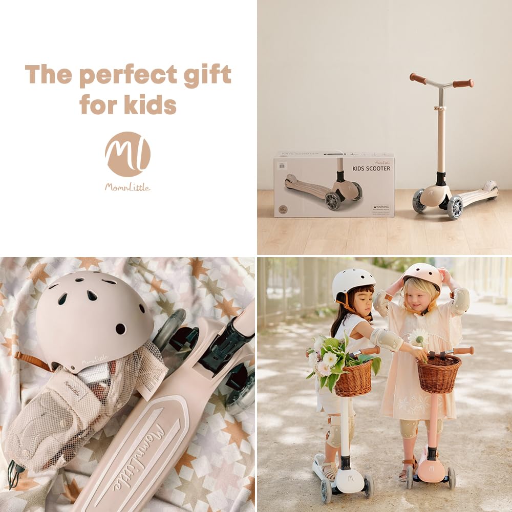 MomnLittle Kick Scooter for Kids Ages 3-10 (Beige) 3 Wheeled with LED Light-Up Wheels CPSC Certified Foldable and 4 Height Adjustable Toddler Scooters for Boys Girls