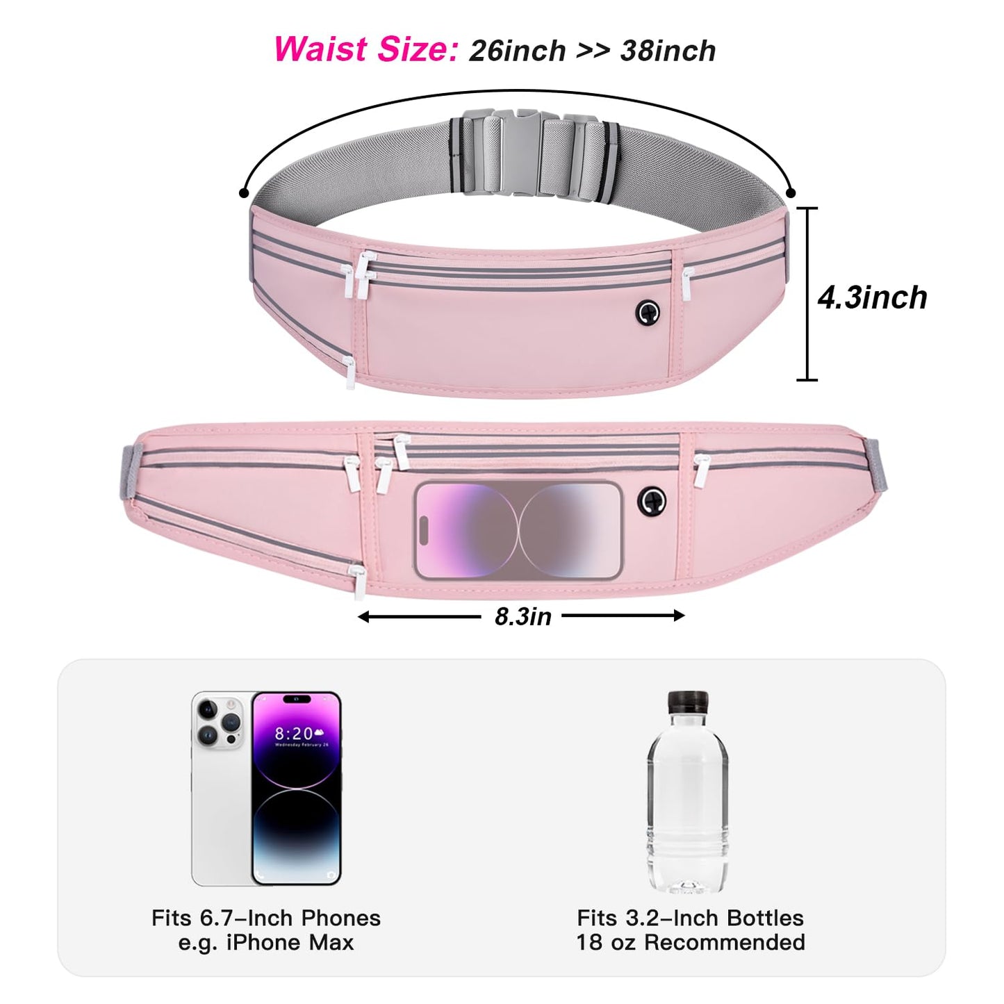 JUCURRI Slim Running Belt for Women Men,Runners Fanny Pack Phone Holder,Money Belt,Running Gear Accessories,with 3 Pockets (Jet Pink)