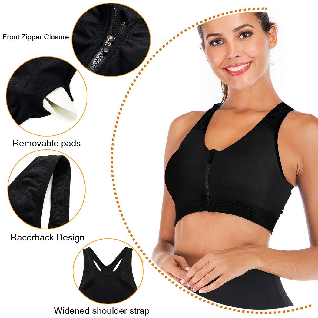 Women's Wireless Post-Surgery Zip Front Sports Bra | Medium Support Yoga Activewear Bra for Workout Recovery