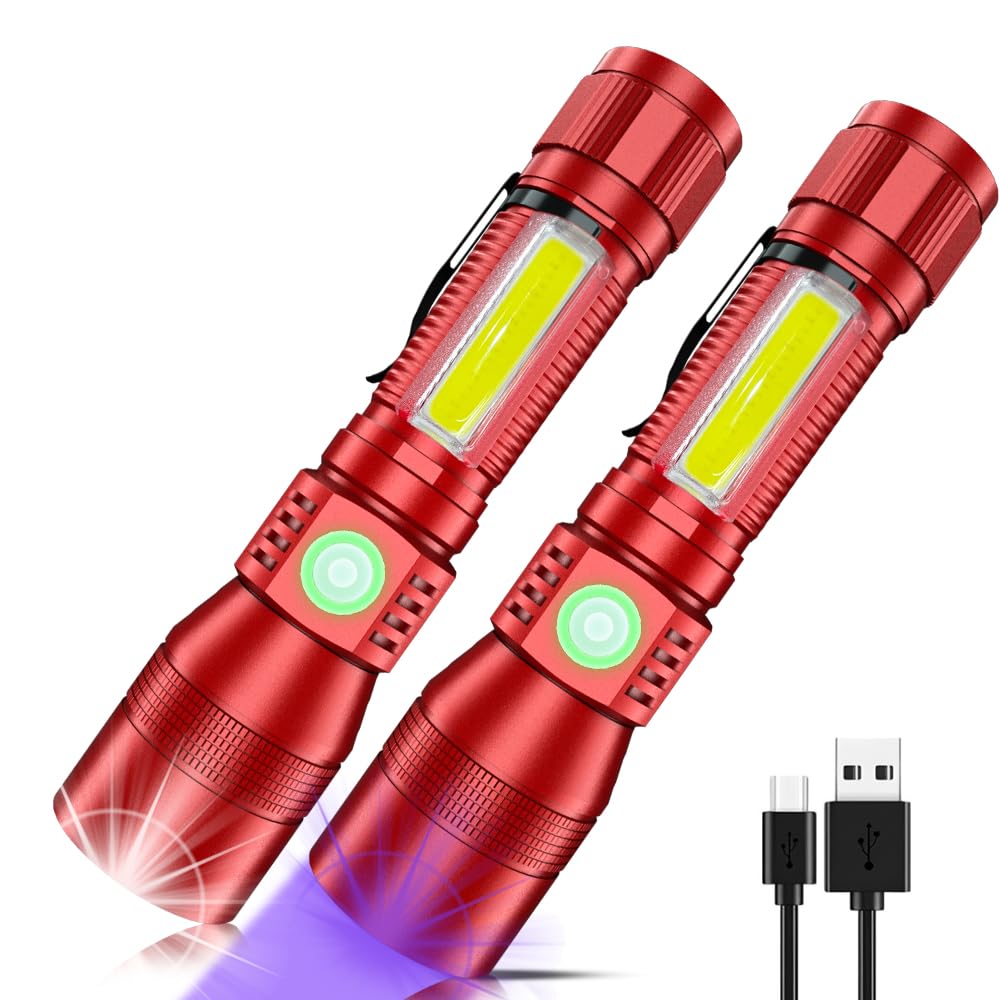 UV Flashlight Rechargeable, Black Light Flashlight with Magnet&Side Work Light 3in1 Tactical Flashlight Blacklight&Redlight, 1000lm, Zoomable, Waterproof LED Torch for Pet Urine Detector, Red,2Pcs