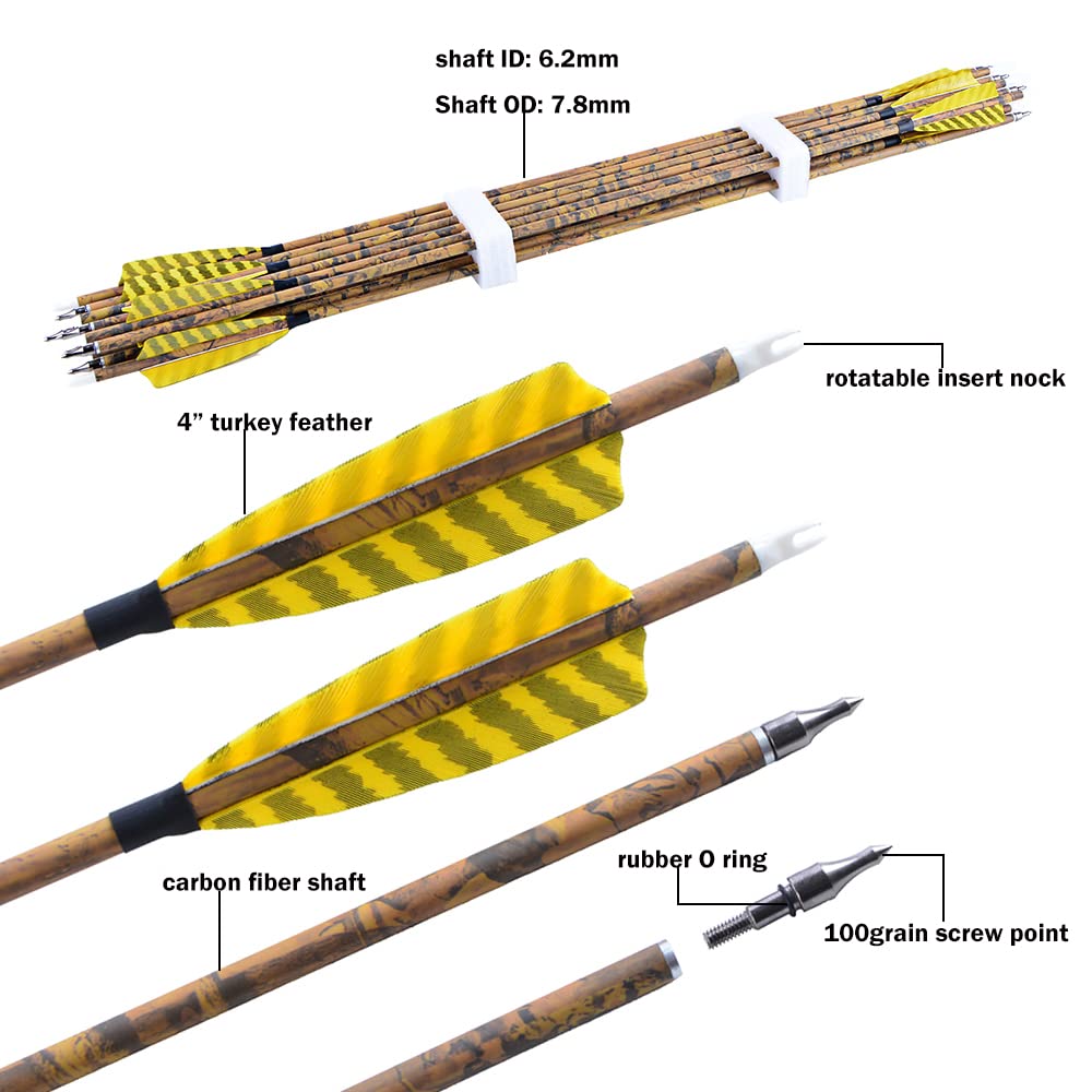 ZSHJGJR 30” Archery Carbon Arrows Hunting Arrows with 4” Turkey Feather Removable Tips Targeting Practice Arrows 500 Spine for Compound & Recurve & Traditional Bow 6/12pcs (6)