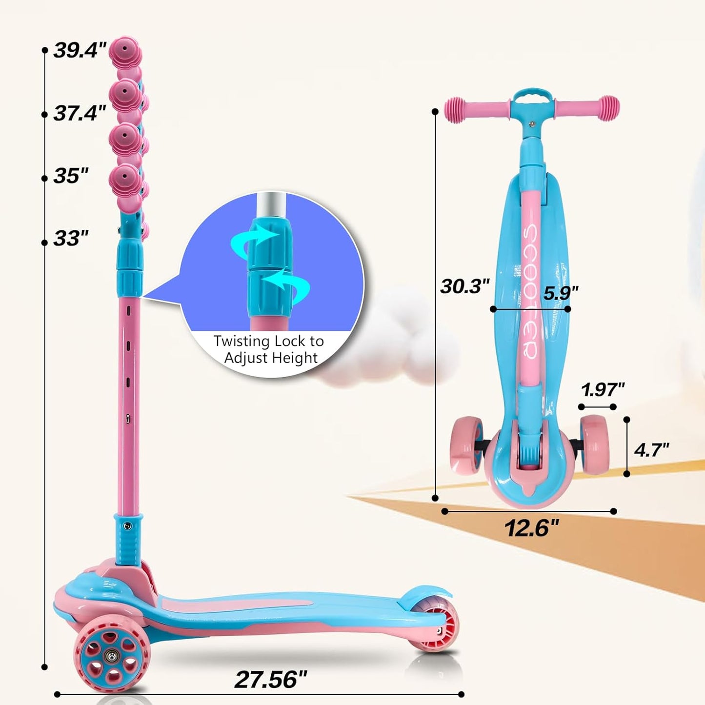 3 Wheels Kick Scooter for Kids & Teens - Extra Wide Deck, 4 Adjustable Heights | Foldable Handlebar, LED Flashing Lights