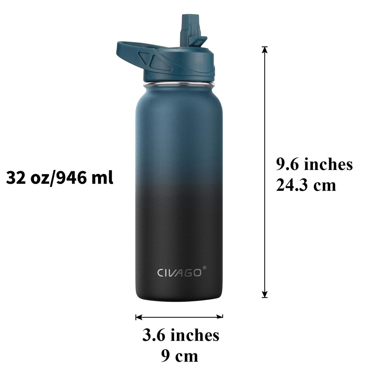 CIVAGO 40 oz Insulated Water Bottle With Straw, Stainless Steel Sports Water Flask Cup with 3 Lids (Straw, Spout and Handle Lid), Double Walled Travel Thermal Canteen Mug, Seafoam