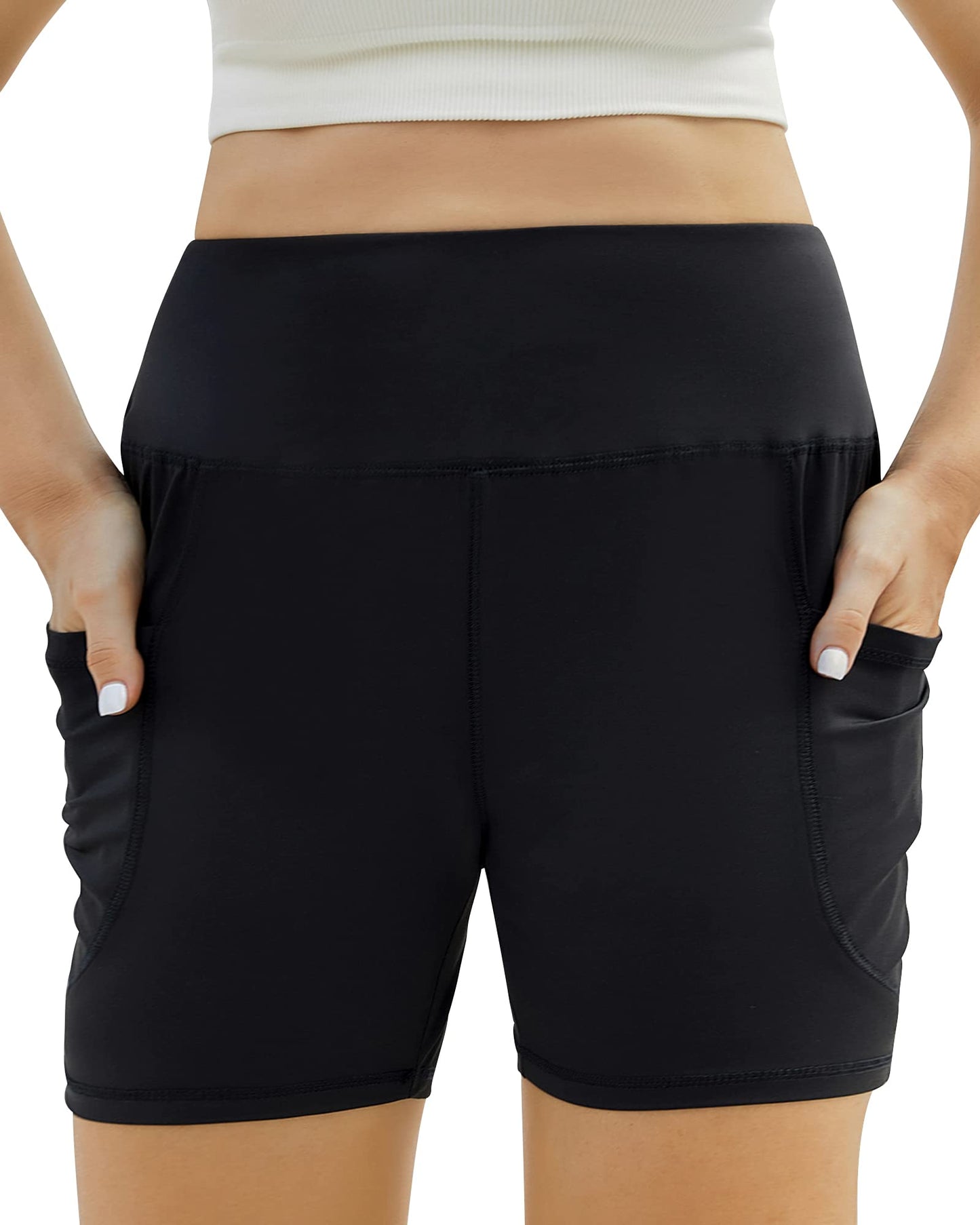 Honwenle Women's Plus Size Yoga Shorts High Waist Workout Biker Volleyball Athletic Running Exercise Sports Gym Stretch Tummy Control Stretchy Shorts with Two Side Pockets Black 2X 3X 4X 5X