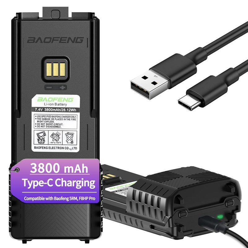 BAOFENG BF-F8HP PRO AR-5RM Battery Rechargeable 3800mAh Extended Battery Compatible with UV-5G Plus,UV-5RH PRO GPS,5RM,GM-5RH GMRS USB-C Charger for Ham Radio Handheld Walkie Talkies Accessories