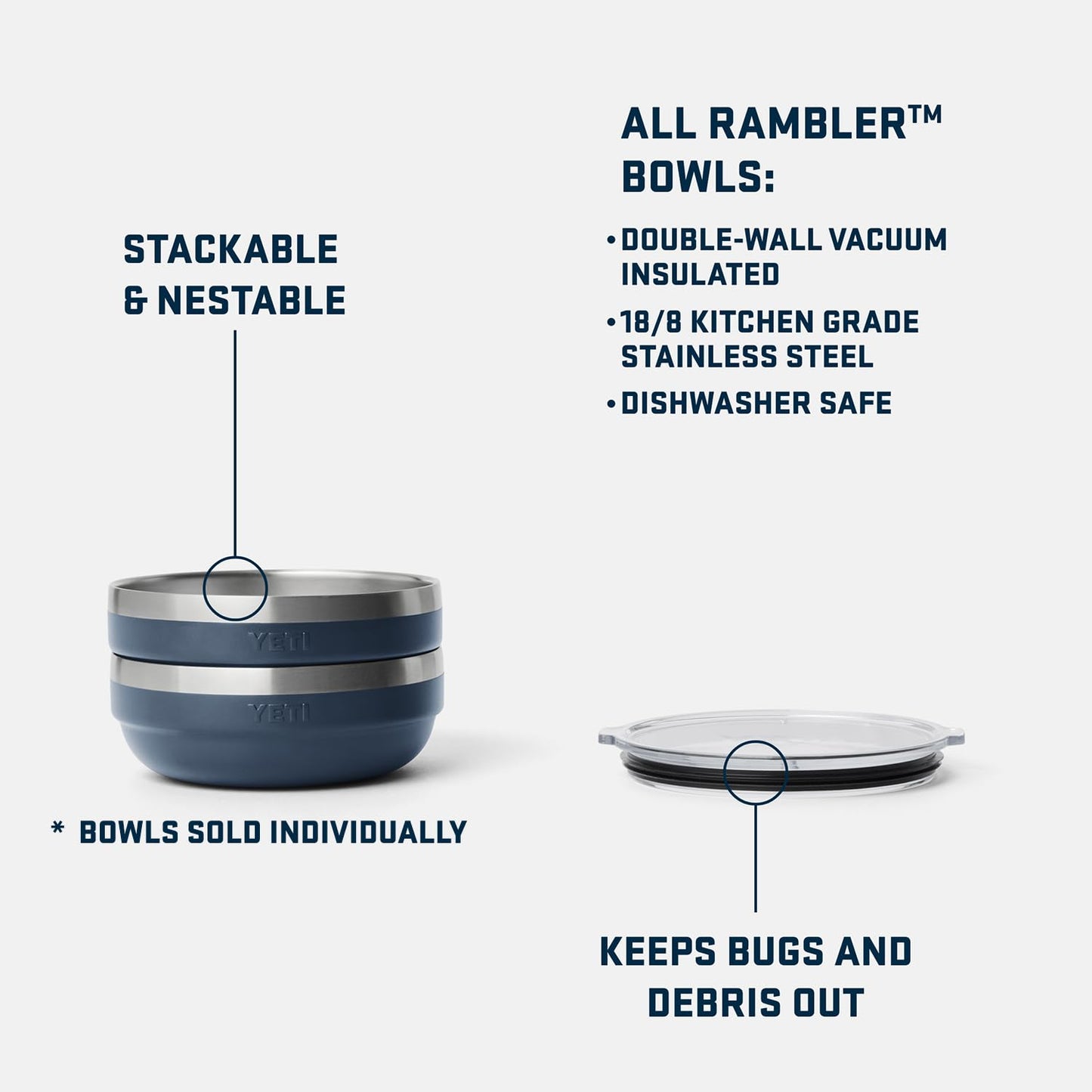 YETI Rambler Low Bowl, Vacuum Insulated, Stackable and Nestable Stainless Steel Bowl with Lid, 0.7 Quart, White