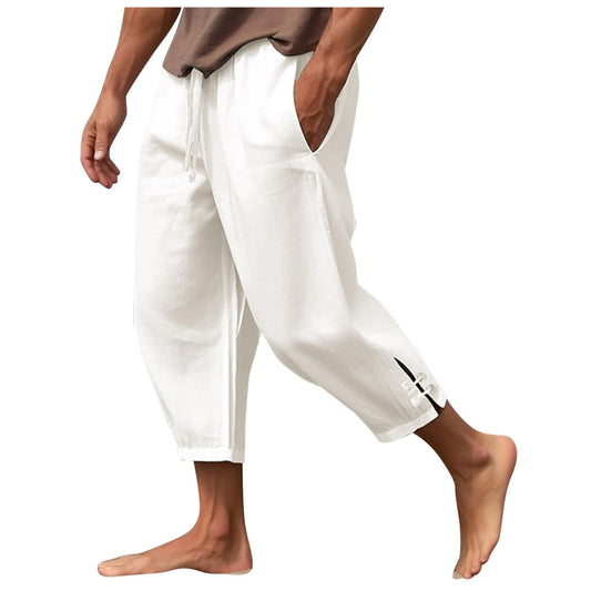 YWASYA Beach Pants for Mens Capri Pants Solid Color Elastic Waist Tapered Pants Drawstring Capris Baggy Pants Trousers