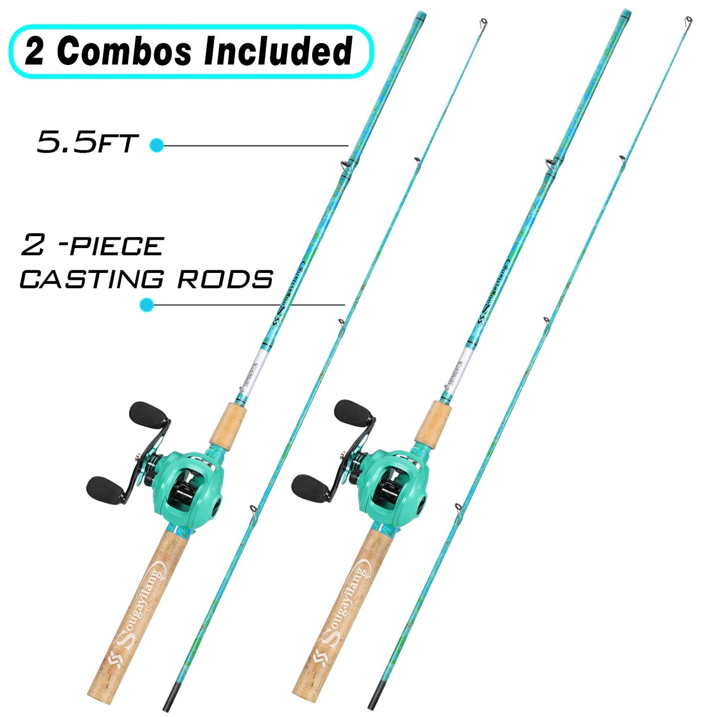 Sougayilang Baitcasting Fishing Rod Combo, 2-Piece 5-Foot 6-Inch Graphite & Fiberglass Rod, Durable and Strong, Quickset Anti-Reverse Fishing Reel-Right (2Pack)