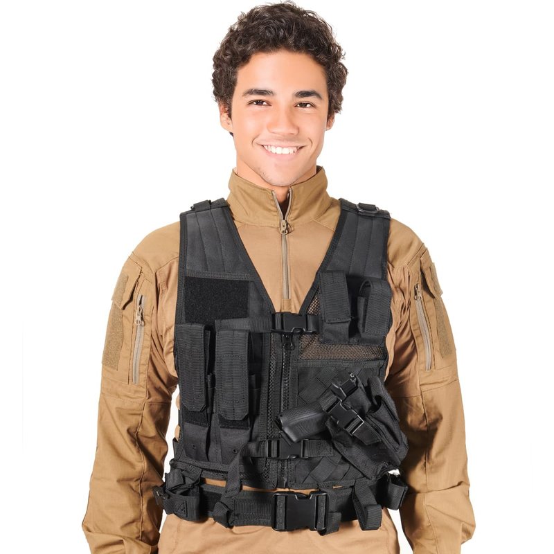 Lancer Tactical Nylon Crossdraw Airsoft Vest Youth Size w/Airsoft Pistol Holster - BLACK