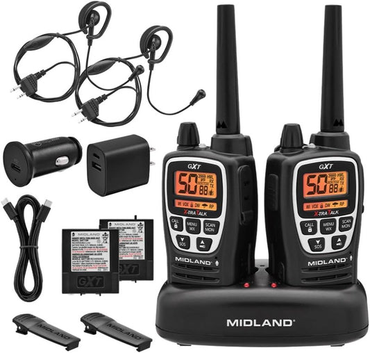 Midland GXT3000 GMRS Two-Way Radio - Long Range, 50 Channels, Rechargeable Battery | Black/Silver, 2-Pack