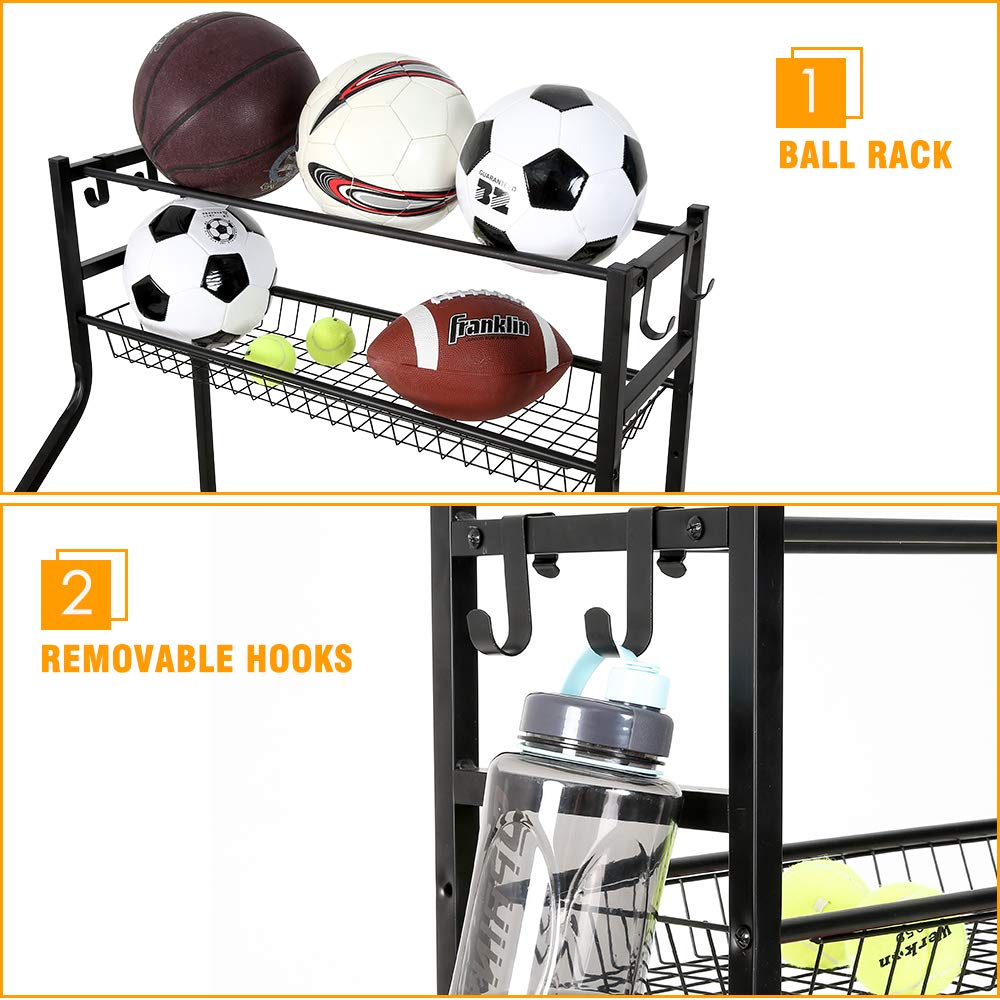 Snail 4-Tier Garage Sports Equipment Storage Organizer Sports Ball Storage Rolling Cart with Basket and Hooks Lockable Sports Ball Cage Storage Rack for Garages, Playgroup, Gym and Schools, Black