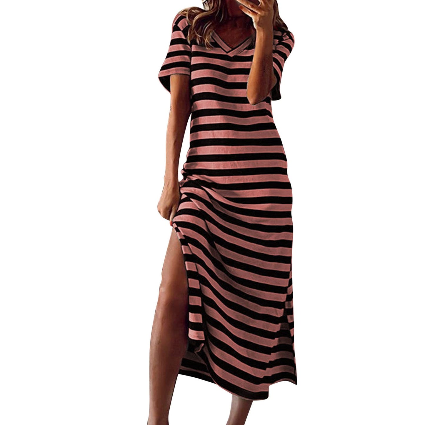 Willisos Maxi Dresses for Women 2024 Women's Summer Maxi Dress Loose Casual Long Dress Striped Short Sleeve Split Sundresses Pink, Large