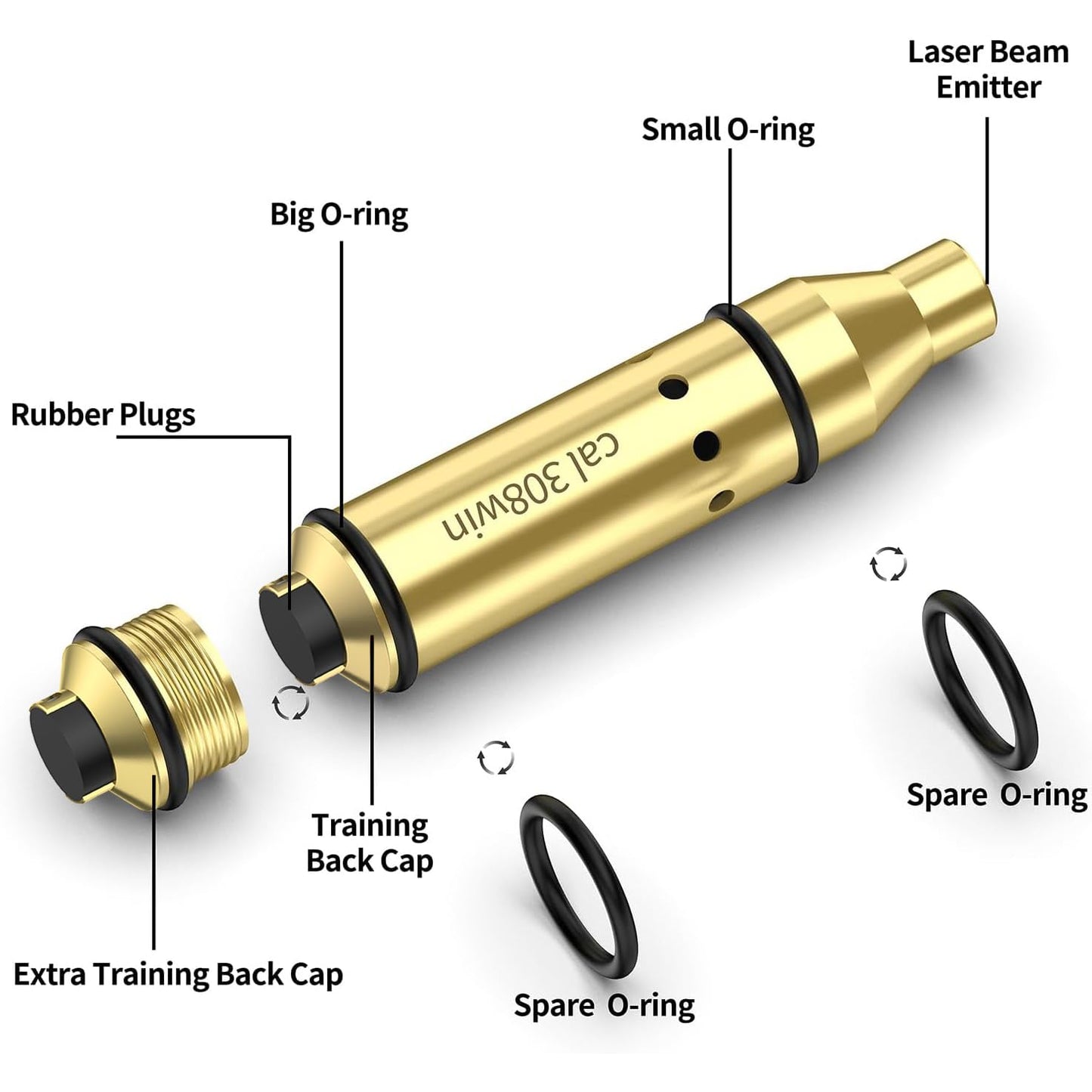 Tipfun 308win Laser Training Cartridge with Built in Rubber Snap Cap for Dry Fire Training Practice, Extra O-Rings