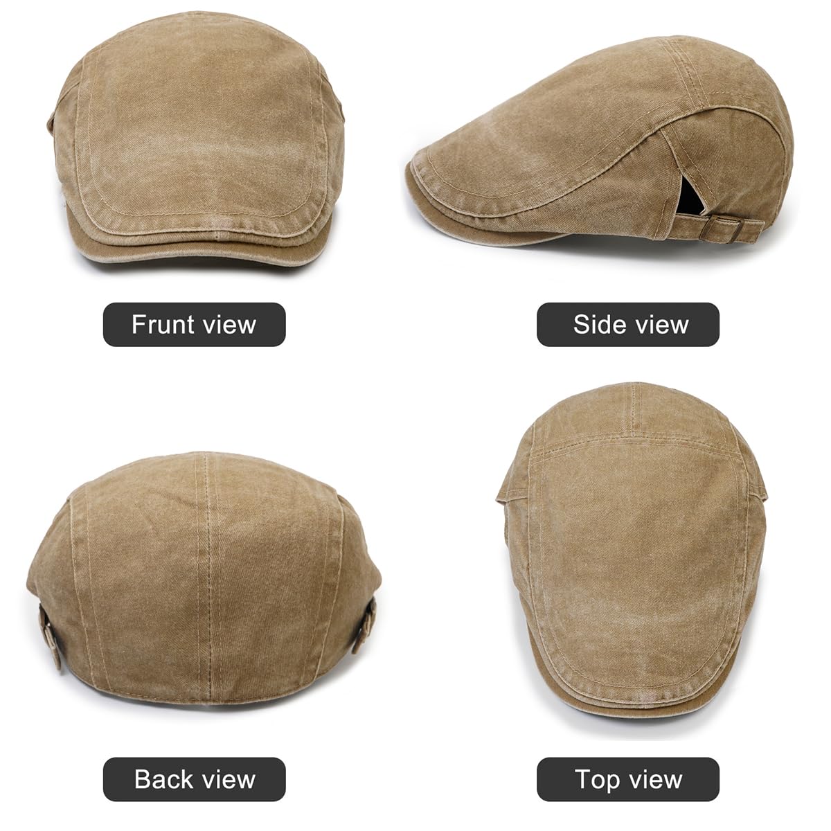 Initlove Mens Newsboy Cap Washed Beret Ivy Hat Flat Hats for Cabbie Driving Khaki