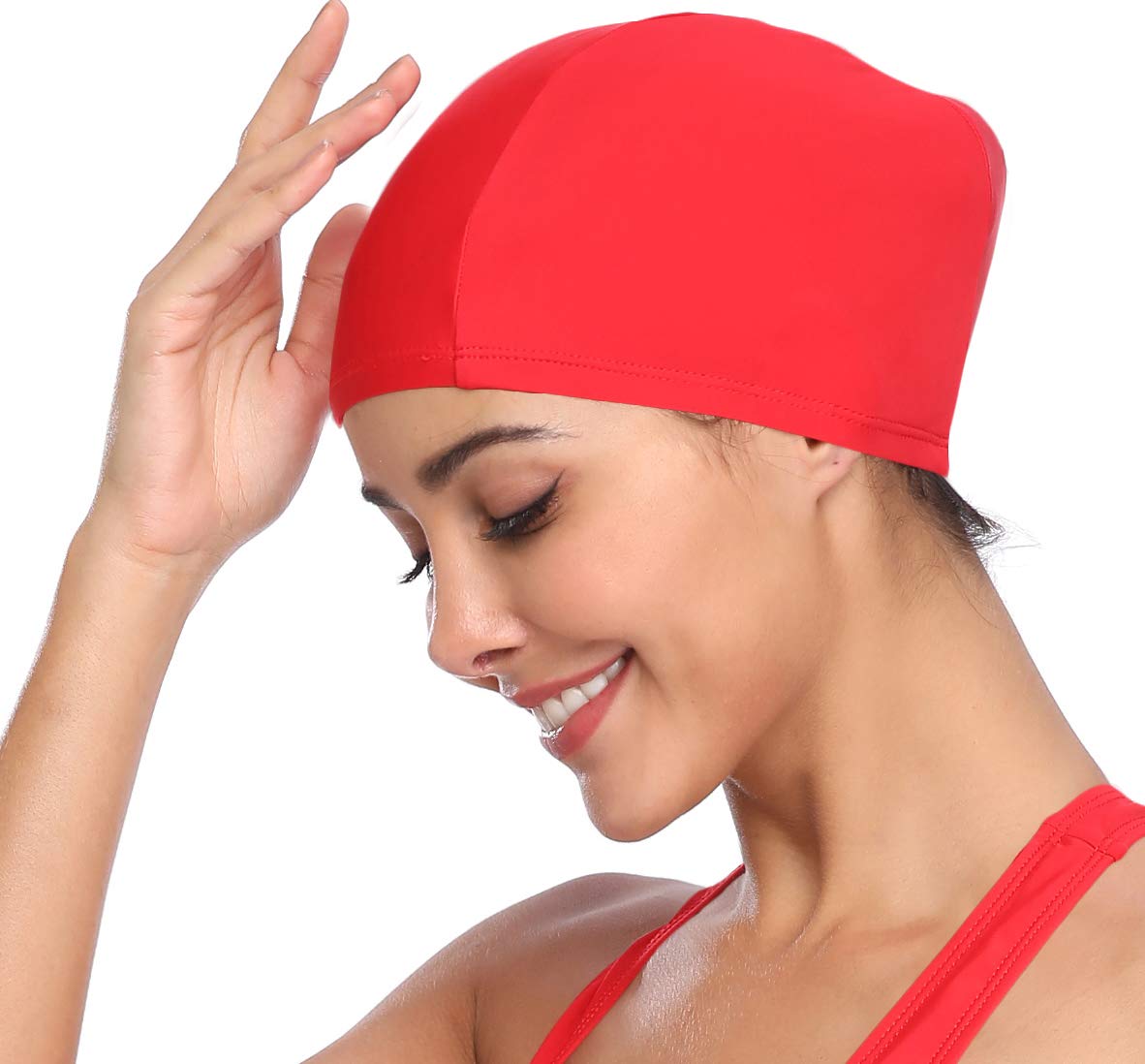 SHEKINI Womens Sports Nylon Spandex Fabric Swimming Cap Bathing Cap Head Cover (Rose Red)