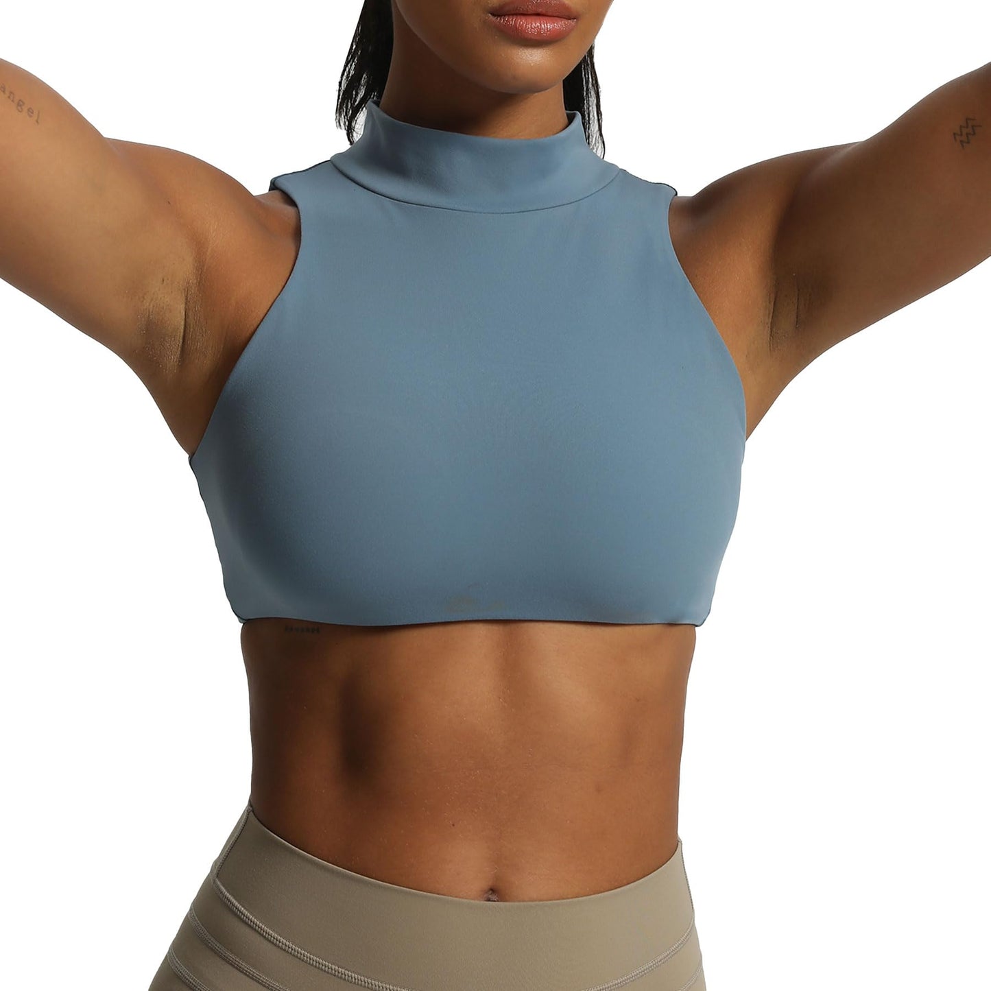 Aoxjox Women's Kim Cutout High Neck Tank Top Workout Sports Bras Fitness Padded Training Gym Bra Yoga Crop (Steel Blue, Medium)