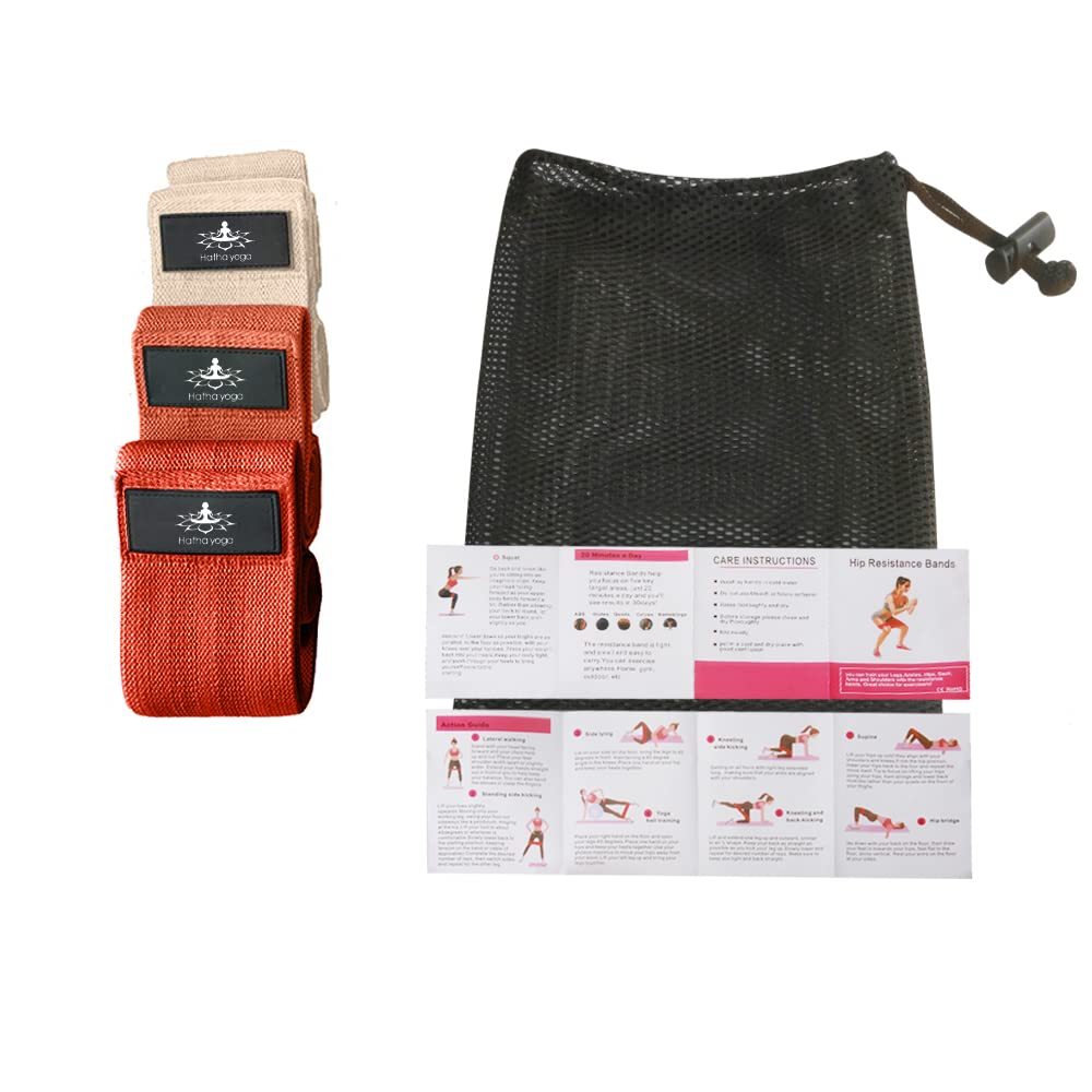 Hatha Yoga Large Resistance Band,14.5" x3.15",Fabric Exercise Loop Bands with Instruction Guide and Carry Bag, Set of 3.