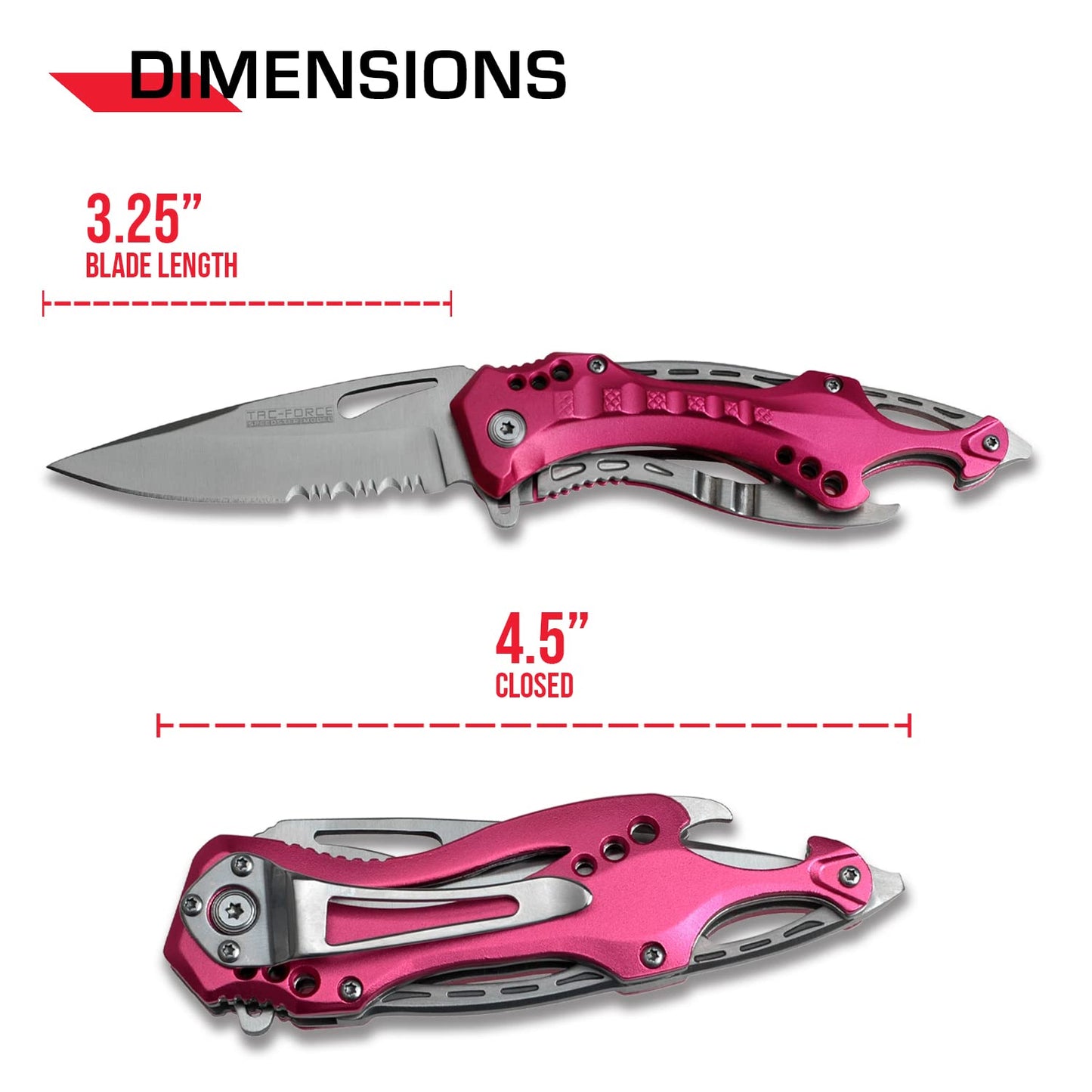 TAC FORCE Spring Assisted Folding Pocket Knife – Black Stainless Steel Blade with Pink Aluminum Handle, Bottle Opener, Glass Punch and Pocket Clip, Tactical, EDC, Rescue - TF-705RD