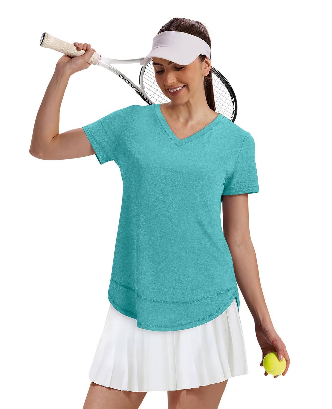Short Sleeve Shirts for Women Workout Yoga Tops Sun Protection Clothing Summer Outfits Rash Guard Side Slit V Neck Aqua XL