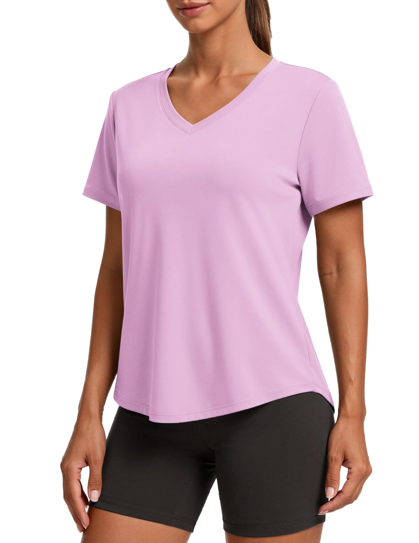 PINSPARK UPF 50 Sun Protection Shirts for Women Short Sleeve V Neck Hiking Tops Moisture Wicking UV Outdoor T-Shirts Quick Dry,Light Pink Large