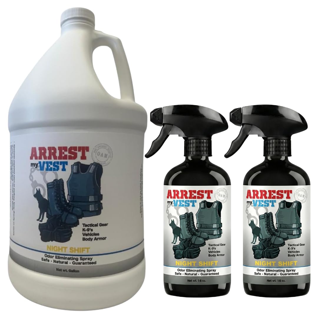 Arrest My Vest Military Grade Odor Eliminating Spray for Body Armor, Tactical Gear, and K9 Equipment. Safe on Ballistic Vests, Fabrics, & Police Gear - Night Shift Fragrance 1 Gallon + 2 16 oz Bottles