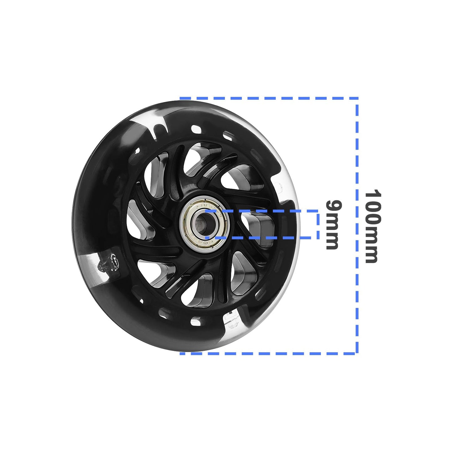 eMagTech 4PCS Scooter Silent Luminous Crystal Wheels Black Hub with Bearings Flashing 3 Colors Replacement Wheels for Scooter 100x100mm
