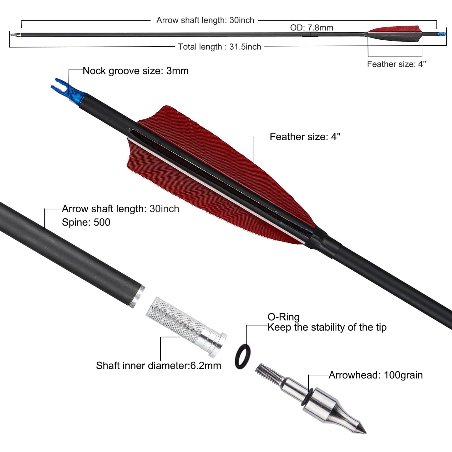TOPARCHERY Premium 30" Carbon Hunting Arrows with Selected 4" Real Turkey Feathers Fletching and Removable Tips - 500 Spine Practice Target Arrows for Recurve Bow Long Bow - 12Pcs