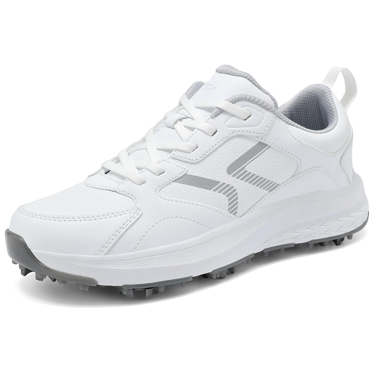 DARIBOM Mens Golf Shoes Spiked Non Slip Waterproof Golf Sneakers with Leather Upper Size 10.5(White)