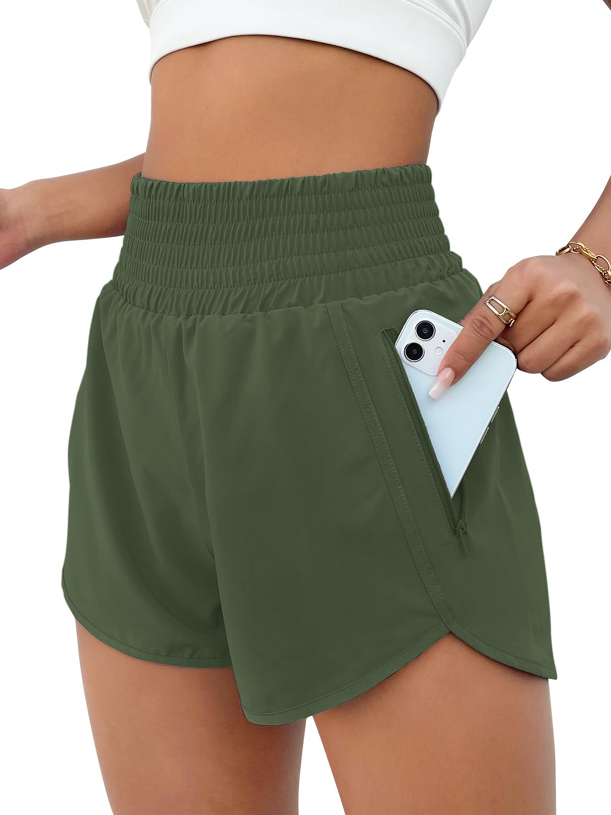 BMJL Women's High Waisted Athletic Shorts Pocket Workout Shorts Gym Sporty Running Shorts(S,Army Green)