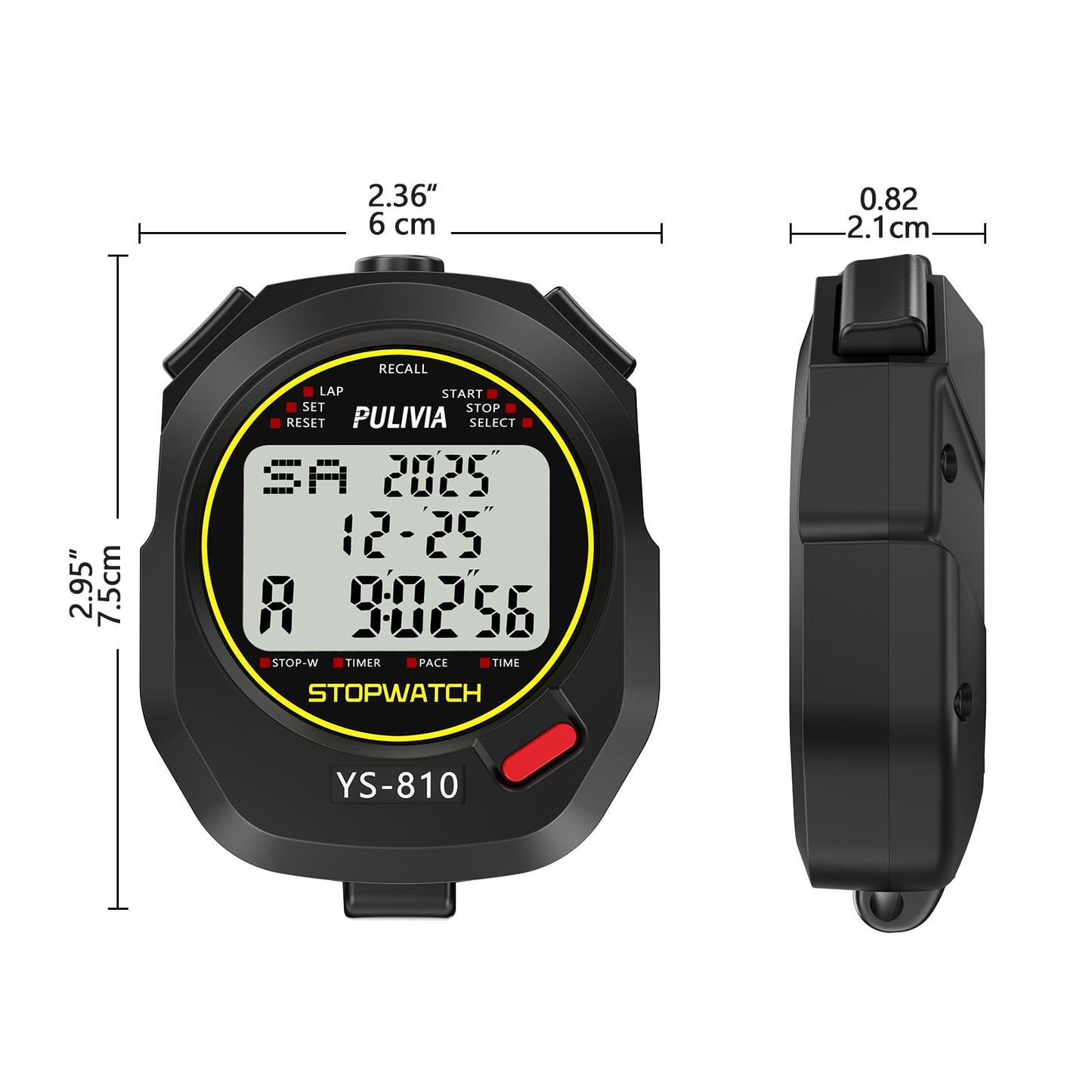 PULIVIA Stopwatch Timer 10 Splits/Laps Digital Stop Watch for Sports, Countdown Alarm Clock Date Memory Recall Large Display, Stopwatch for Coaches PE-Teacher Referee (Black, 10 Splits/laps)