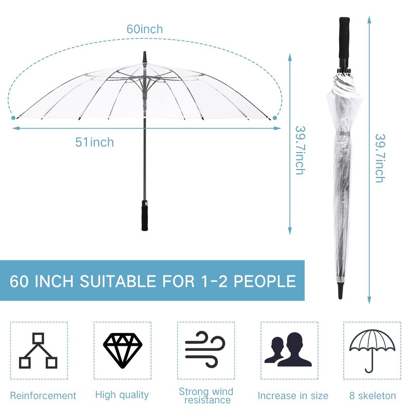 Jexine Extra Large Clear Golf Umbrella 60 Inch Oversized Automatic Open Stick Umbrella Transparent Waterproof for Adult Men Women Outdoor Sport Golf Play Weddings(1 Pcs)