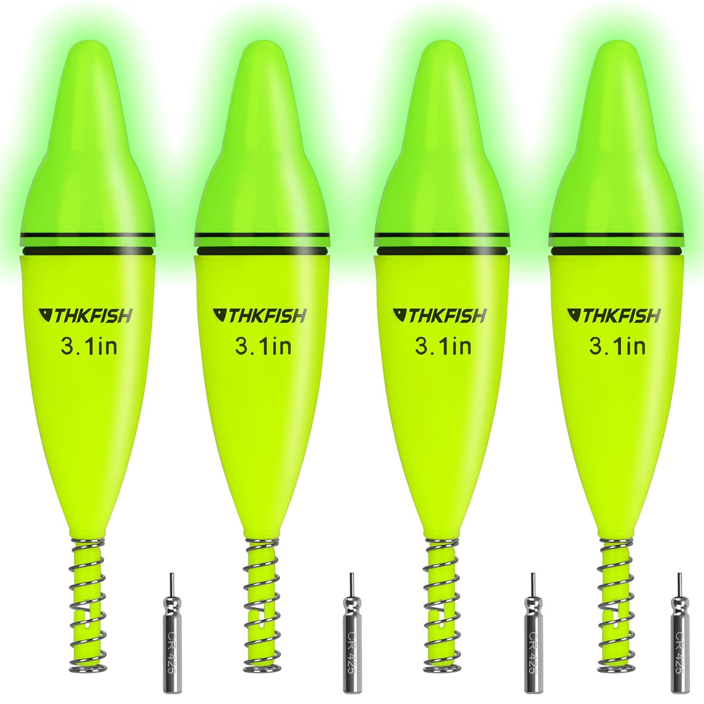 THKFISH 4PCS LED Lighted Fishing Bobbers Fishing Floats for Night, Spring Bobber Float Saltwater Freshwater Lighted Floats Glow for Crappie Walleye Catfish, 3.1", Green