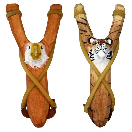 NatureLaunchers | Hand-Carved Wooden Animal Slingshot Set | 2 Pack (Eagle & Tiger)